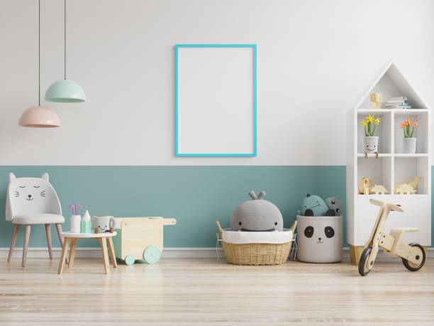 istock Mock up posters in child room interior, posters on empty white wall background. 1277041653