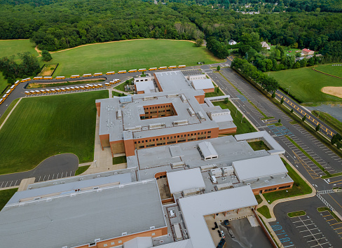 Aerial view of empty in school during coronavirus Covid-19 pandemic of locked