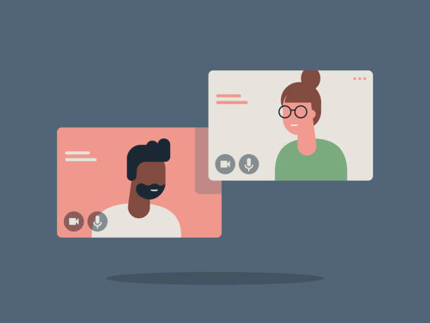 ilustrações de stock, clip art, desenhos animados e ícones de illustration of two happy people talking via video call - adult black camera caucasian