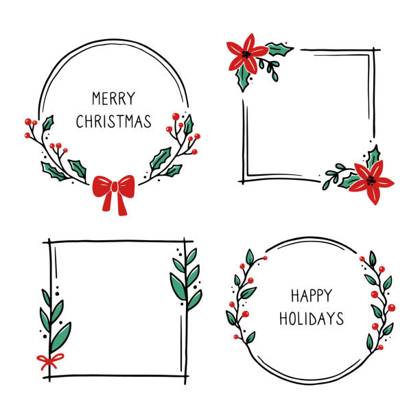 ilustrações, clipart, desenhos animados e ícones de conjunto de ilustração de moldura floral natalina - christmas wreath holiday holly