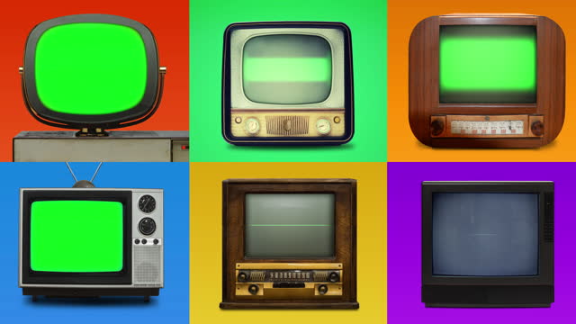 Grid lineup of 6 vintage TV’s with chroma key screens
