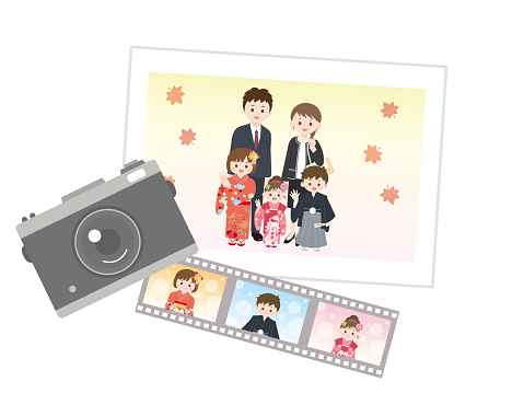 It is an illustration of a Shichi-go-san with Family photo.