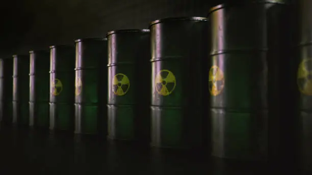 Nuclear Waste Barrels Lined Up, Radioactive Caution Icon, Waste Icon