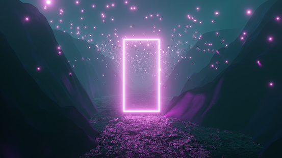 3D Illustration graphic of foggy riverside and mountain landscape, with a magical pink environment and neon effect rectangle floating over the river.