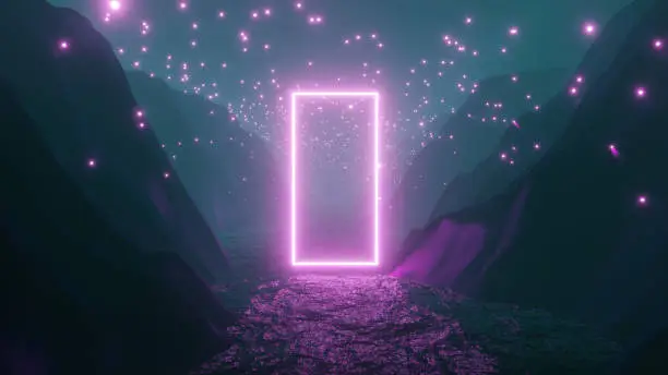 Photo of 3D Illustration graphic of foggy riverside and mountain landscape, with a magical pink environment and neon effect rectangle floating over the river.