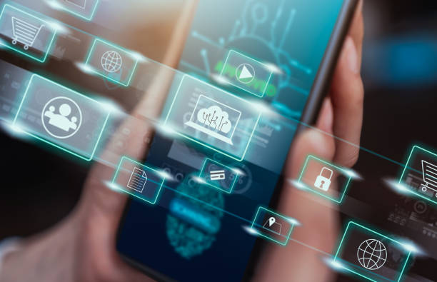 istock Concept technology internet and networking, hand holding smartphone with media icon on digital display. 1277057768