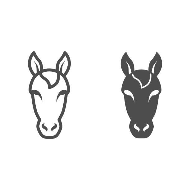 линия головы лошади и твердая икона, принципиальная схема животных фермы, символ жеребца на белом предпосылке, икона силуэта головки лошад� - horse sign black vector stock illustrations