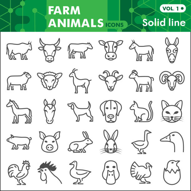 set ikon garis hewan ternak, koleksi simbol hewan rumah atau sketsa. hewan dari tanda gaya linier pertanian untuk web dan aplikasi. grafik vektor terisolasi pada latar belakang putih. - hewan ilustrasi stok