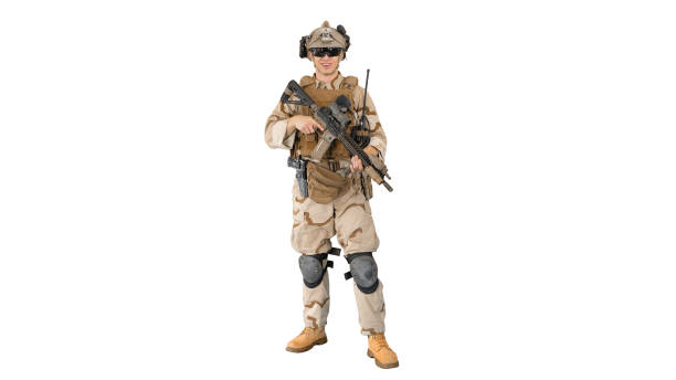 istock Soldier standing and talking to you on white background 1277063673