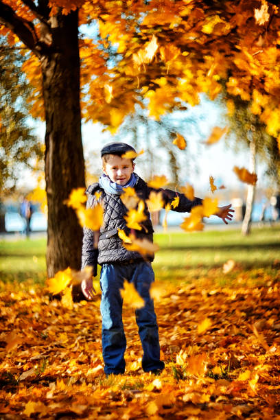 istock BOY IN AUTUMN PARK IN YELLOW LEAVES 1277066270