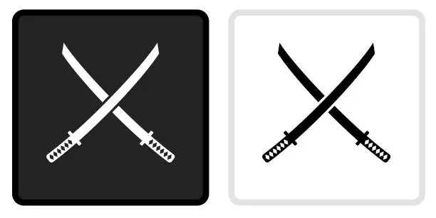 Vector illustration of Katana Swords Icon on  Black Button with White Rollover