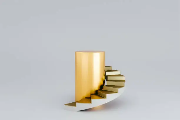 Photo of 3d rendering of a golden spiral staircase where the destination is the top of the podium on a white gray background.