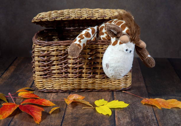 istock Wicker box with a children's toy giraffe on a dark background 1277068769