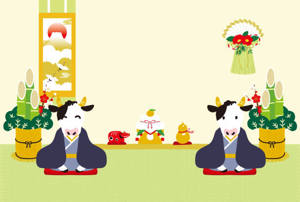 bildbanksillustrationer, clip art samt tecknat material och ikoner med 2021 oxe nyårskort . kor som ger en nyårshälsning i ett rum i japansk stil - tatami mat