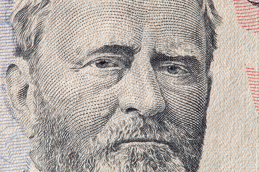 Ulysses S. Grant portrait on 50 dollar bill. Close-up.