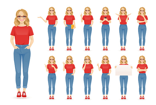 Young woman with glasses in casual style clothes set different gestures isolated vector illustration