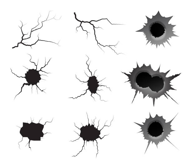 총알 구멍 과 접지 균열 세트. 금속 단일 및 이중 총알 구멍, 손상 효과. 지진과 지면 균열, 삐걱 거리는 소리와 손상된 벽 질감. 지진, 충돌, 파괴 주제에 대한 벡터 일러스트레이션 - double wall stock illustrations