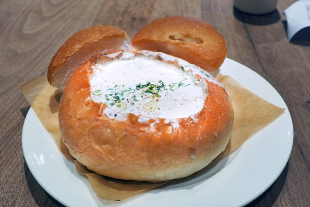 istock mushroom cream soup served in bread bowl 1277074871