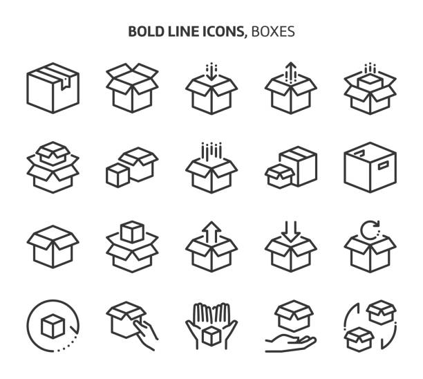 ilustrações de stock, clip art, desenhos animados e ícones de boxes, bold line icons - warehouse