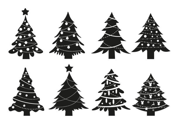白い背景に隔離されたクリスマスツリーのシルエットセット。黒いシンボル冬の木のコレクション。 - christmas symbol black white点のイラスト素材／クリップアート素材／マンガ素材／アイコン素材