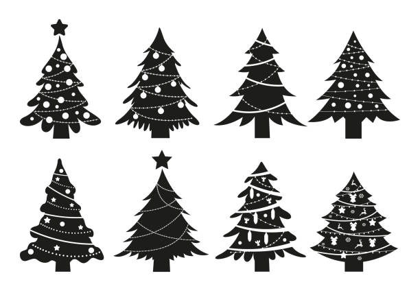 Christmas trees silhouette set isolated on white background. Black symbol winter trees collection. Christmas trees silhouette set isolated on white background. Black symbol winter trees collection with garlands for holiday xmas and new year. Vector illustration. multiple christmas trees stock illustrations