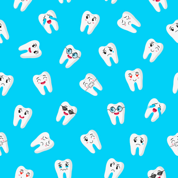 Vector cartoon seamless pattern with cute teeth characters with different emotions for web, cloth texture or wallpaper. Vector cartoon seamless pattern with cute teeth characters with different emotions for web, print, cloth texture or wallpaper. Children's dental concept. cute cartoon dental implants stock illustrations