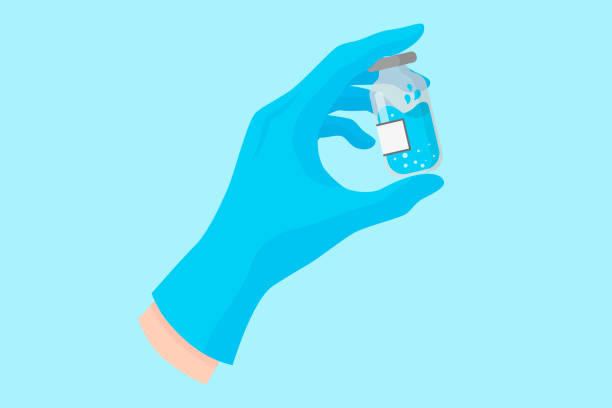 векторная мультяшная рука стоматолога в синей перчатке, которая держит стеклянную бутылку с вакциной или лекарством. - hand in latex glove stock illustrations