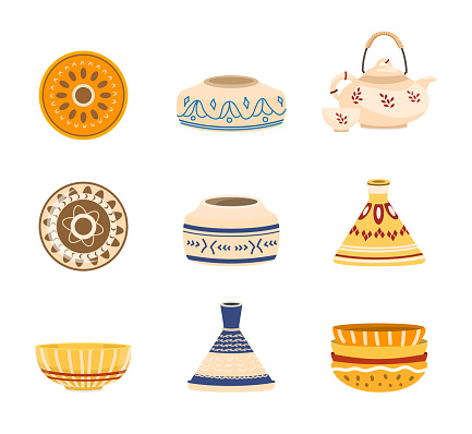 Set of ceramics plates, tea pot, jug, bowls, vase with ornament. Decorative pottery. Isolated on white. Flat cartoon vector illustration.