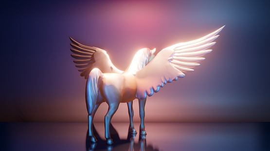 3d rendering illustration of a beautiful horse with wings with lighting in bright background. for the purpose of invitation, advertisement, commercial, banner use