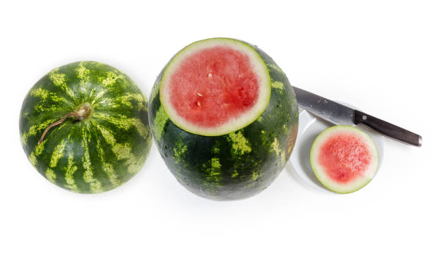istock Whole watermelon and watermelon with cut off tip, top view 1277083287