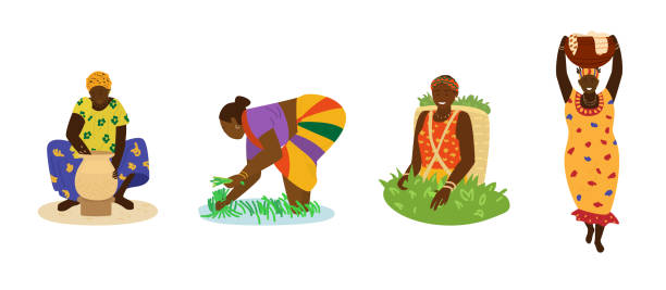 African women African women in colorful dresses working. Making pottery, working in rice field, picking tea, carrying big jug with laundry. Traditional crafts, manual labor, agriculture. Flat hand drawn vector. african tribe stock illustrations