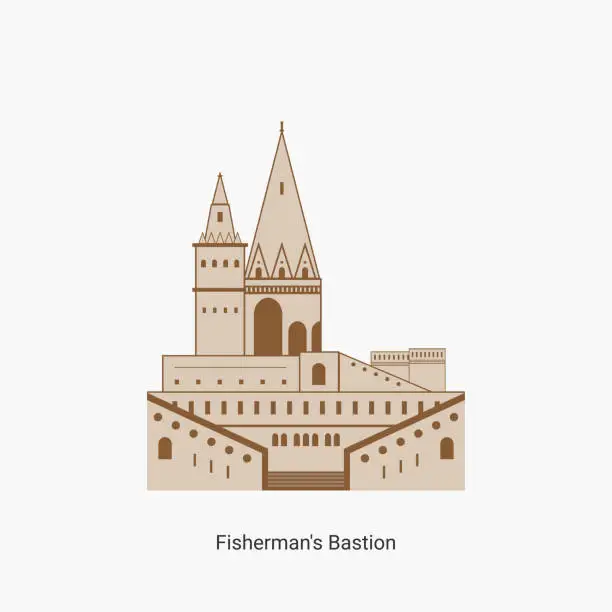 Vector illustration of Fisherman's bastion towers in Hungary capital icon. Hungarian tourist destination you have to visit. Best historical landmark located in the Buda Castle. Vector art illustration flat design.