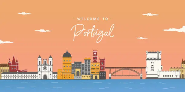 Vector illustration of Aerial beautiful view in Portugal. Stylish colorful landmarks. Alcobaca Monastery, Pena palace, Dom Luís I Bridge and Belem Tower. It is good for travel destination. Journey around the world
