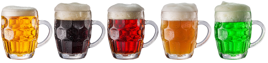Collection of five types of different beer in glasses isolated on a white background. Each beer glass contains a clipping path.