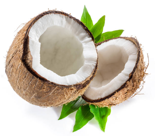 istock Cracked coconut fruit with white flesh isolated on white background. 1277086415
