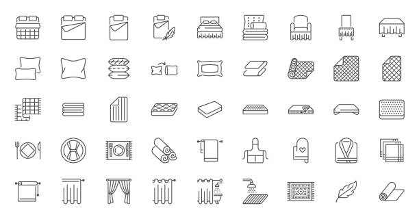 Bedroom linen flat line icons set. Double bed, cushion, blanket, sheets, pillow, mattress topper, curtain, bathrobe vector illustrations. Outline signs of house textile, editable stroke Bedroom linen flat line icons set. Double bed, cushion, blanket, sheets, pillow, mattress topper, curtain, bathrobe vector illustrations. Outline signs of house textile, editable stroke. bedroom stock illustrations