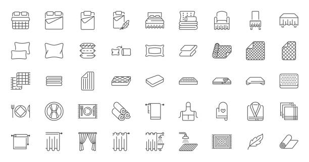 Bedroom linen flat line icons set. Double bed, cushion, blanket, sheets, pillow, mattress topper, curtain, bathrobe vector illustrations. Outline signs of house textile, editable stroke Bedroom linen flat line icons set. Double bed, cushion, blanket, sheets, pillow, mattress topper, curtain, bathrobe vector illustrations. Outline signs of house textile, editable stroke. Pillow stock illustrations