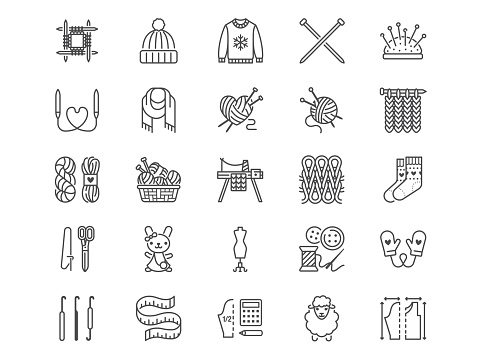 Knitting flat line icons set. Crochet, hand made scarf, wool ball, thread and needle vector illustrations. Outline signs of diy tools, atelier, editable stroke.