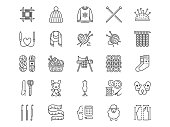 Knitting flat line icons set. Crochet, hand made scarf, wool ball, thread and needle vector illustrations. Outline signs of diy tools, atelier, editable stroke