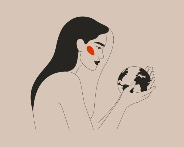 Young woman holds a small Earth in her arms. Young woman holds a small Earth in her arms. Strong girl supports planet in her hands. Female character black Silhouette. Vector illustration woman tattoos stock illustrations