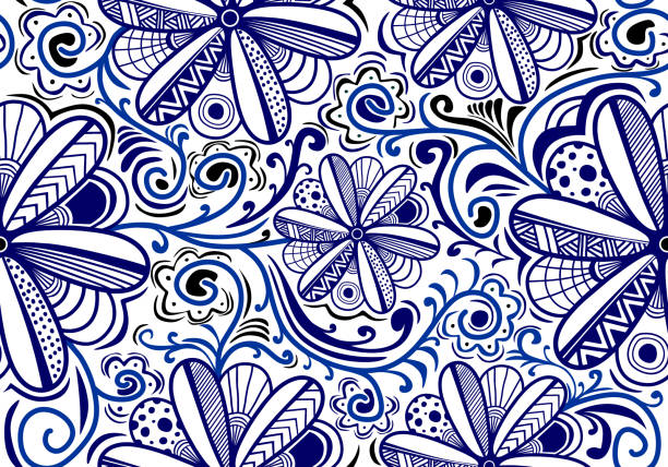 hand gezeichnet e.m. doodle wiederholen den stoff floral design textur. vintage flora kunst in traditionellen klassischen nahtlosen muster in blau und weiß hintergrund. perfekt für den druck auf stoff oder papier. - traditioneller batikstil stock-grafiken, -clipart, -cartoons und -symbole