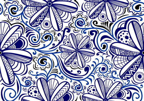 stockillustraties, clipart, cartoons en iconen met hand getrokken doodle herhalende stof bloemig ontwerp textuur. uitstekende florakunst in traditioneel klassiek naadloos patroon in blauwe en witte achtergrond. perfect voor afdrukken op stof of papier. - blauw illustraties
