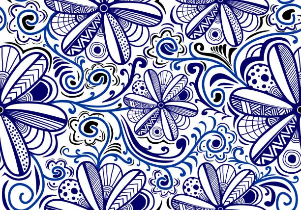 Vector illustration of Hand drawn doodle repeating fabric floral design texture. Vintage flora art in traditional classic seamless pattern in blue and white background. Perfect for printing on fabric or paper.