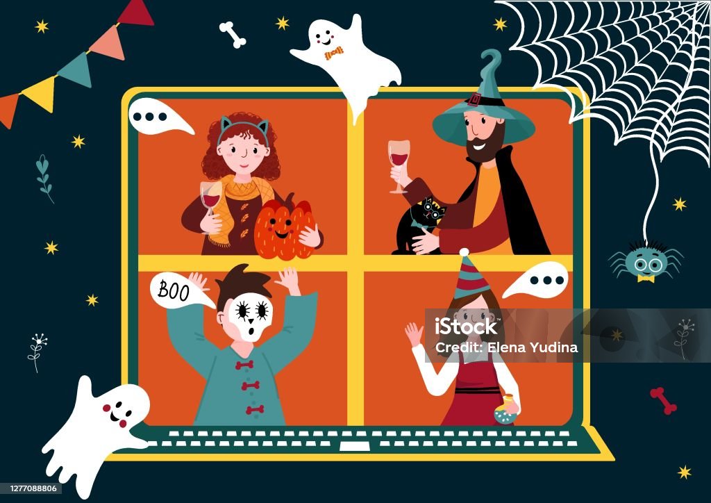 Halloween Online Party Virtual Meet Group To Celebrate Festival People In  Horror Costume Have Video Conference From Home Friends Spend Time Together  On Video Call New Normal Life Stock Illustration - Download
