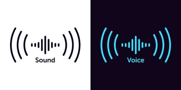 illustrazioni stock, clip art, cartoni animati e icone di tendenza di icona dell'onda sonora per il riconoscimento vocale nell'assistente virtuale, segno vocale. onda audio astratta, controllo comando vocale - sound wave audio