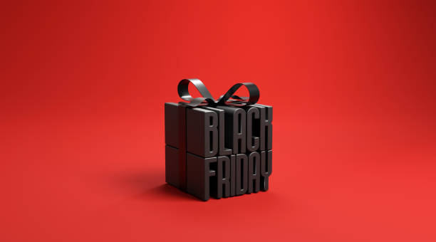 schwarzer freitag in geschenk-box mit schwarzem band auf rotem hintergrund gewickelt, idee und kreativ, kopierraum. - black friday stock-fotos und bilder