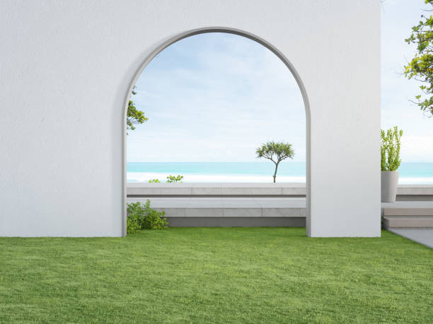 terrasse de plancher en béton et mur blanc dans l’hôtel de luxe ou la maison de plage. - nobody tranquil scene nature park photos et images de collection