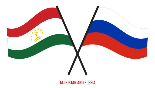 ilustrações de stock, clip art, desenhos animados e ícones de tajikistan and russia flags crossed and waving flat style. official proportion. correct colors. - tajik flag