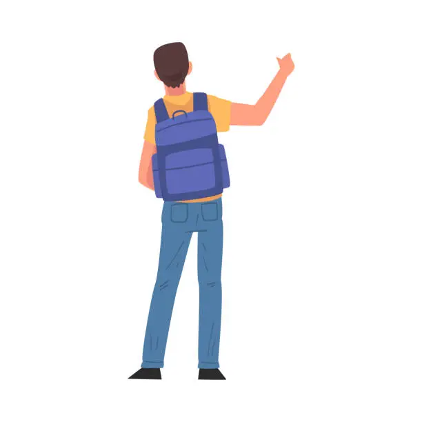 Vector illustration of Young Man with Backpack, Try Trying to Stop Car By Hand, View from Behind Vector Illustration