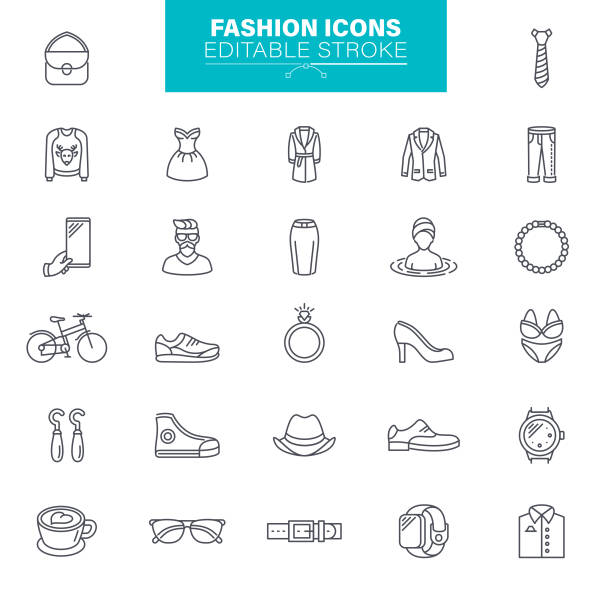 Fashion Icons Editable Stroke Symbol, Clothing, Sweatshirt, Sports Shoe,Devices, Outline Icon Set fashion clipart stock illustrations